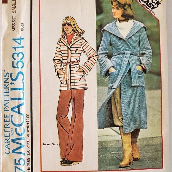McCalls Ulined Hooded Sweater Coat Jacket S Belted Wrap Duster Hip - Picture 1 of 3